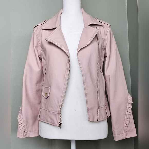 NWOT C&C California Girls Ruffled Vegan Leather Moto Jacket BLUSH PINK sz 12 - Picture 1 of 11